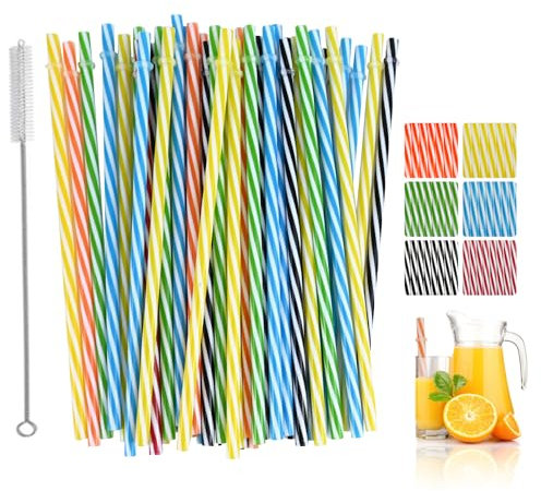 50pcs Reusable Plastic Straws,Colorful Striped Drinking Straws with Cleaning Brush, Drinking Straws for Juice Cocktail Bubble Tea Restaurants Parties Celebrations