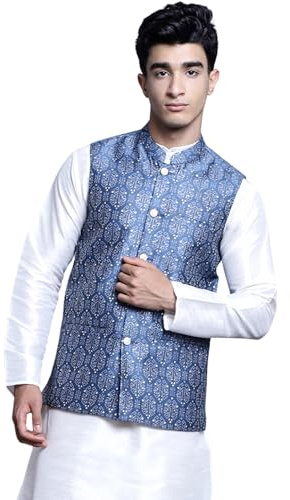 Maple Clothing Men's Nehru Jacket Indian Traditional Vest Brocade Waistcoat Bandhgala Festive Wedding Outfit, Blue, Small