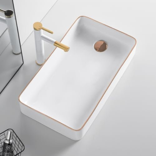 Lavandino Da Appoggio For Bagno Con Rubinetto, Lavabo In Ceramica Con Scarico Laterale, Lavabo Sopra Il Piano Del Mobiletto, Lavabi Rettangolare For Lavatrice.(White C,62x35x11.5cm)