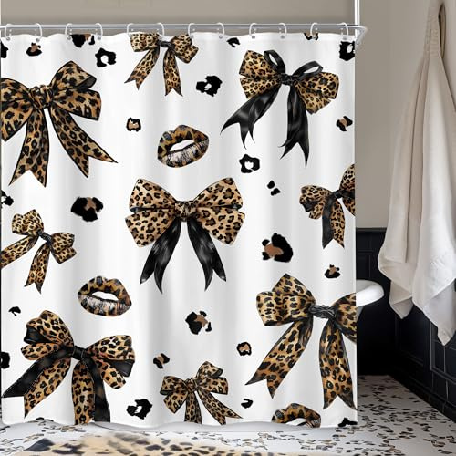 Newsely Duschvorhang mit Leopardenmuster, 183 x 183 cm (B x L), Vintage, Retro, modern, Schleife, Lippen, Frau, Mädchen, Braun, Gepard, modisches Badezimmer-Set, hübsch, wasserdicht, Baddekoration