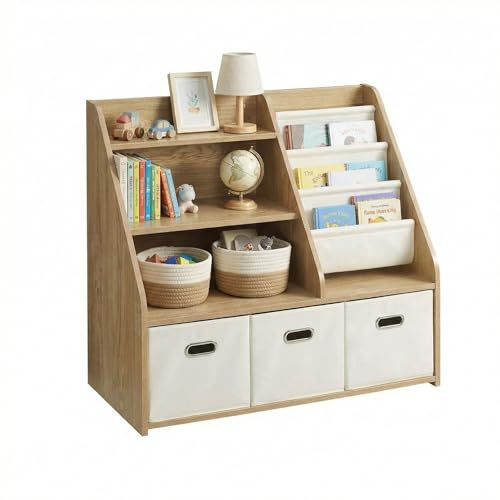 elnure Estantería para niños con Almacenamiento – Montessori – Estantería de Madera para Juguetes de 4 Niveles con 3 cajones y 4 Cajas de Tela | Organizador para habitación Infantil y Sala de Juegos