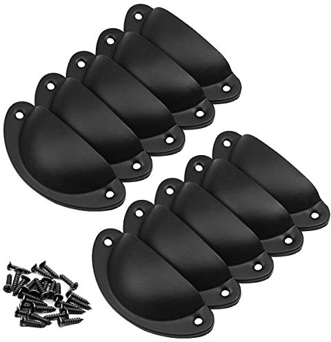 Hontaog 10 Pcs Shell Cup Handles with Screws, 65mm Hole Centre, Metal Half Moon Cup Handles, Retro Door Handle, Cabinet Pulls for Kitchen Cupboard Cabinet Furniture Door Drawer (Black)