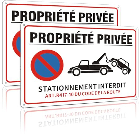 2 Pièces Panneau Interdiction De Stationner Aluminium, panneau propriété privée,30x20cm With Pre-Drilled Holes, Protection Uv,Facile à Installer, Signalétique Parking avec Référence Légale R417-10