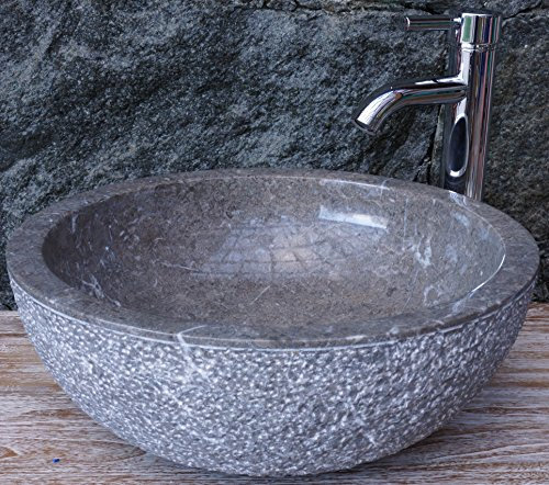 GURU SHOP Massives Rundes Marmor Aufsatz-Waschbecken, Waschschale, Naturstein Handwaschbecken - Ø 45 cm Modell 14, Grau, Waschtische & Waschbecken