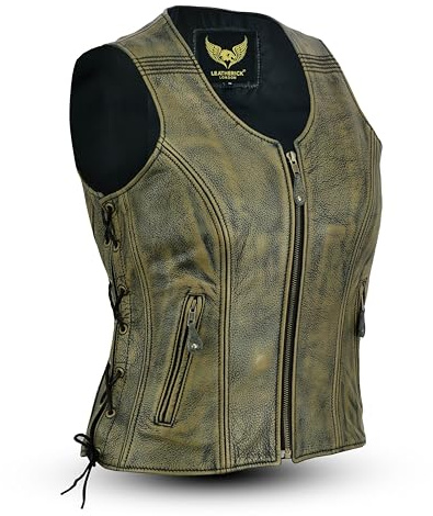 Womens Leather Waistcoat Black Genuine Top Grain Buffalo Leather Sleeveless Vest