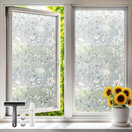 Qualsen Privacy Film for Glass Windows Stained Glass Window Film, 90x300cm | 3D Tulip Patterned Window Films with Tools, Rainbow Decorative Effect, Static Cling Anti UV, for Home Bedroom Office