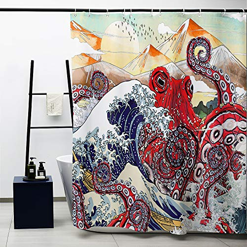 Obal rote japanische Tintenfisch-Oktopus-Duschvorhang, Ukiyo-e japanische Badezimmervorhänge wasserfestes Schimmel freies Polyester schweres Badzubehör mit 12 Vorhanghaken, 180 cm * 180 cm