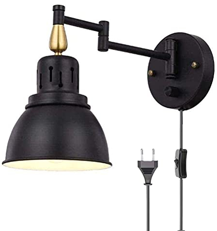 OOWOKS Vintage Lampada da Parete Nera con Interruttore e Spina, Applique da Parete Industriale con Cavo Lampada da Comodino con Braccio Girevole Regolabile Lampade da Lettura da Interne Retro E27,1PC