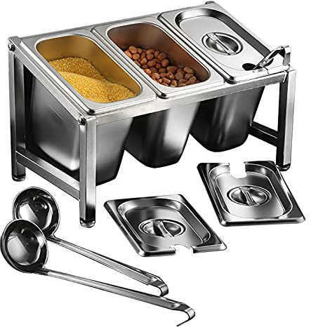 AIZYR Casserole De Nourriture d'acier Inoxydable, Boîte D'assaisonnement avec Support Rétractable, Couvercle Et Cuillère pour Crème Glacée, Fruits, Bar À Salade,A