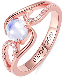 Personalisierbarer Mondstein-Ring aus Platin/Gold/Roségold vergoldetem Sterlingsilber mit Innengravur, Geschenk für Frauen, Sterling Silber, Mondstein