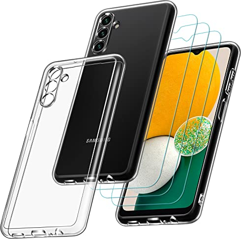 ivoler Hülle für Samsung Galaxy A13 5G / A04S, mit 3 Stück Panzer Schutz Glas, Dünne Weiche TPU Silikon Transparent Stoßfest Schutzhülle Durchsichtige Handyhülle Kratzfest Case