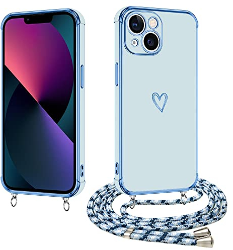 E-Lush Funda con Cuerda para iPhone 13, Love-Heart Patrón Galvanoplastia Fundas para iPhone 13 6.1, TPU Suave Silicona Case con Collar Correa de Cuello Antigolpes Carcasa, Azul