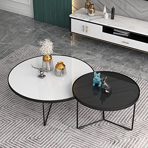 CHEMYO Satz von 2 runden Satztischen aus Glas, Wohnzimmer-Mitteltisch mit schwarzem Metallrahmen, moderner Beistelltisch, schwarz + weiß (Size : 70x70x37cm+55x55x45cm)