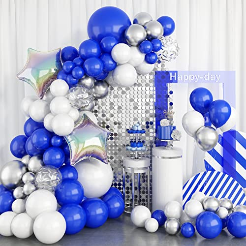 GREMAG Blaues und weißes Ballongirlanden-Set, 102 STÜCKE Royal Blue Silver Balloon Arch Kit, mit silbernem Konfetti-Ballon-Laserstern-Folienballon, für Babyparty-Geburtstags-Themenparty-Hintergrund
