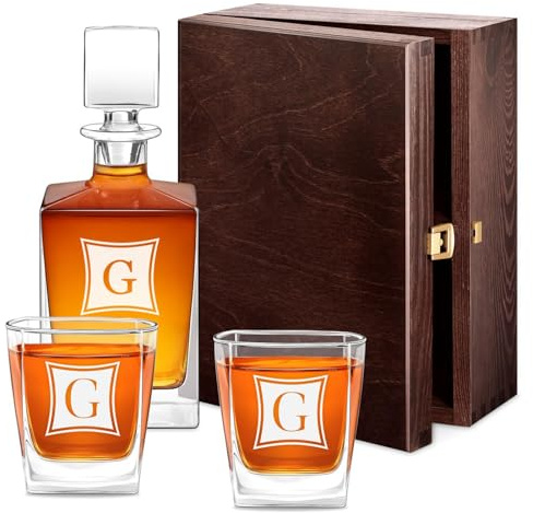 Maverton Whisky Karaffe 810 ml + 2/4 / 6er Whiskygläser Set mit Gravur - Whisky Dekanter mit Gläsern 250 ml für Männer - personalisiertes Whiskey Set für Whiskyliebhaber - Rechteck