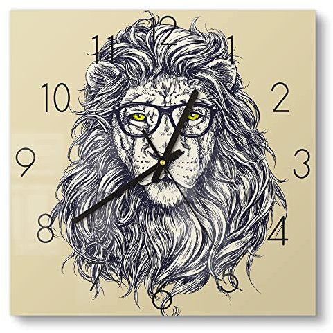 DEQORI Glasuhr | 30x30 cm | Motiv Frisierter Löwe | ausgefallene leise Design Uhr aus Glas | Wanduhr für Wohnzimmer & Küche | Moderne Hingucker Uhr für die Wand