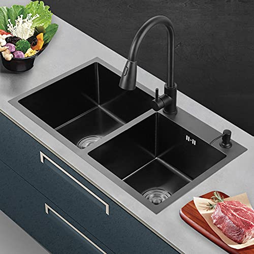 Undermount Kitchen Sink, Black Nano Stainless Steel Sinks, Double Bowl, Inset Square Drop Sink for Kitchen Bar Small Restaurant