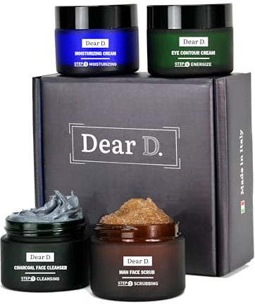 Dear D Box Superior Face Skincare Kit | Rutina Completa En 4 Pasos Con Lavado Facial, Exfoliante Facial, Crema Hidratante, Crema Contorno De Ojos | Set De Crema Para Hombres