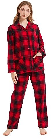 kolipajam Pyjama d'hiver en flanelle 100 % coton teint en fil de coton pour femme, Plaid noir et rouge, Medium