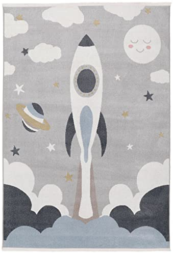 RugVista, In Space, Kinderzimmer Teppich, 140 x 200 cm, Kinderteppich für Kinder, Spielteppich, Modernes Design, Kurzflor, Oeko TEX 100, Keine schädlichen Stoffe, waschbar 30°C, Grau/Blau