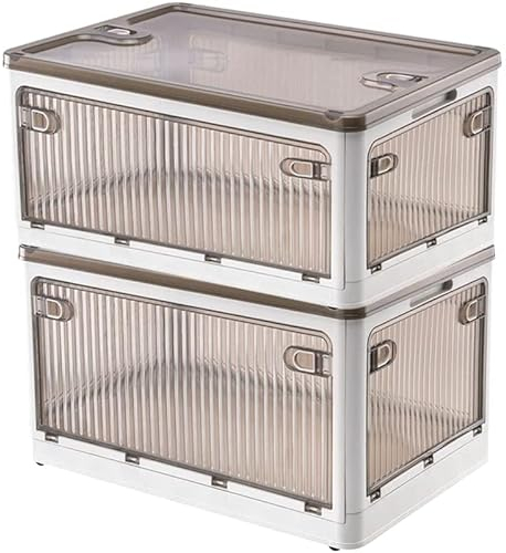 Creahaus 2Pack Storage Boxes with Lids, 28L Stackable Bins for Storage with Wheels, Folding Storage Boxes with Five Doors, Storage Containers Organizer for Bedroom Living Room Study Office(White)