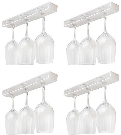 AQJUNONG Weinglashalter, 4 Stück, Weinglasregal, ohne Bohren, Weinglashalter unter dem Schrank, hängendes Stielglasregal, Organizer für Bar und Küchenschrank (klassisches Weiß)