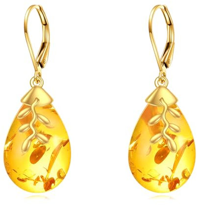 POPLYKE Boucles d'oreilles dormeuses en forme de feuille d'ambre pour femme en argent sterling 925, Argent sterling, Ambre