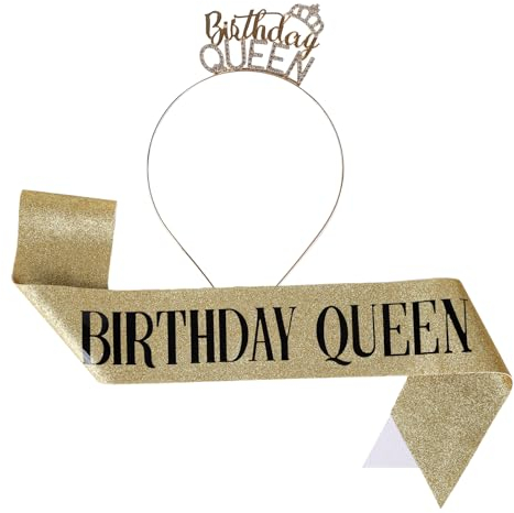 Larfraecy Geburtstag Tiara Kronen Happy Birthday Mädchen Schärpe Set,Geburtstag Schärpe und Tiara Kristall Krone Stirnband,Geburtstags-Diadem und Geburtstagsschärpe,Party-Dekorationen (Gold)