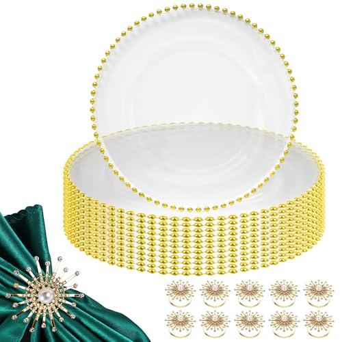 Trimming Shop Platos cargadores de cristal con diseño de cuentas doradas de 13 pulgadas con servilleteros de diamantes de perlas - Paquete combinado - Perfectos para bodas, fiestas de cena, eventos