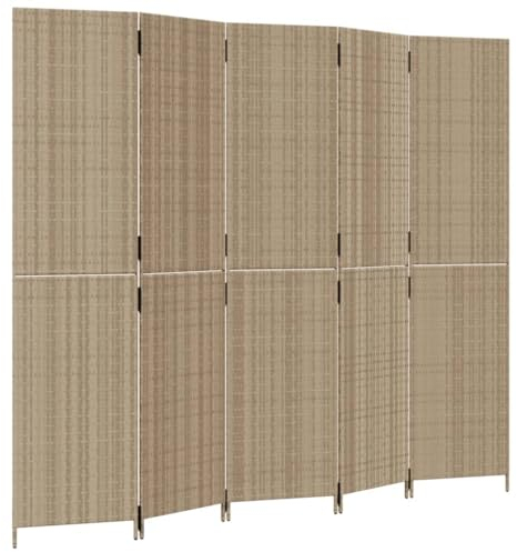 vidaXL Paravent 5-TLG., Raumteiler Faltdesign Stahlrahmen, Trennwand Sichtschutz für Innen Außen, Spanische Wand Raumtrenner, Beige Poly Rattan