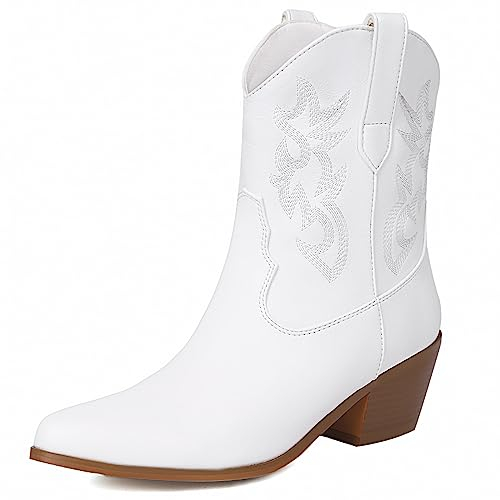 COOLCEPT Donna Western Cowboy Stivali Embroidered Metallic Stivali Tacco Chunky alla Caviglia Cowgirl Stivali Pull on White Taglia 38