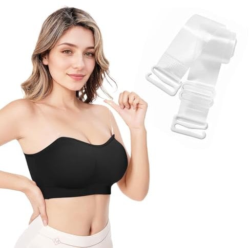 Invisible Bra With Transparent Shoulder Strap, Comfortable Strapless Bras for Large Breasts, Breathable Tube Top Tube Tops for Women, Full Support Non-Slip Convertible Bandeau Bra, Black Bra XL