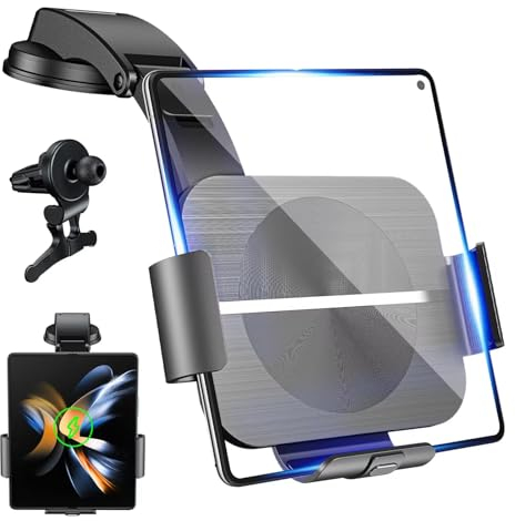 Lvcdodvd Car Phone Holder Wireless Charger 15W Dual Coils Fast Charging Wireless Car Charger Automatic Sensing Clamp Phone Holder Dashboard Mount Air Vent Compatible for Galaxy Z Fold6/5/4/3/2