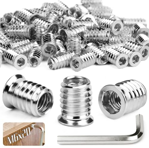 SWTYExt Lot de 80 écrous à visser M6 x 20 mm - Insert fileté en bois M6 - Écrous à visser hexagonaux hexagonaux - Douilles filetées galvanisées pour acier, pin, contreplaqué, panneaux composites