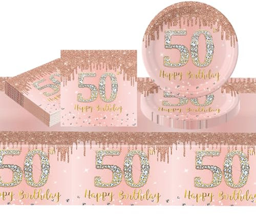 37Pcs Rose Gold 50th Birthday Party Tableware 16 Guests, Happy 50th Birthday Rose Gold Party Paper Plates Tablecloth and Napkins Tableware Set for Women Her Birthday Gifts Party Supplies Table Decors