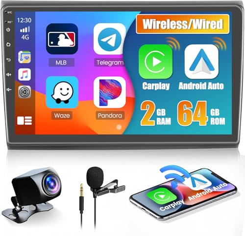 Hikity 2+64G Android Radio Coche CarPlay Inalámbrico para FIAT Bravo 2007-2013, Pantalla Táctil de 9 Pulgadas Autoradio Bluetooth GPS FM/RDS Dab+ Cámara Trasera