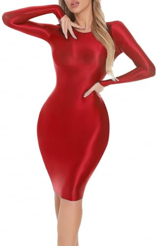FEOYA Women's Oil Glossy Dress Long Sleeve Tight Pencil Dress Sexy Shiny Bodycon Dresses for Women Short Wet Look Sheer Mini Skirt Midi Slim Fit Casual Club Clubbing Office Work Skirts Clubwear Red M