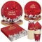 PARTY GO 96 platos de papel de Navidad, vajilla de fiesta, juego de platos de papel para fiesta de Navidad, servilletas, vasos de papel, copos de nieve, fiesta navideña, platos de papel, rojo, 24