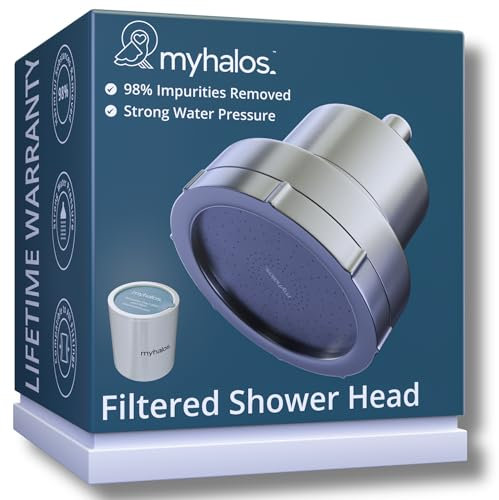 MyHalos® Filtered Shower Head for Hard Water Filter - High Pressure Chlorine Shower Head Filter for Hard Water Softener Showerhead, Easy Install, for Hair & Skin, Filtering (Brushed Metal)