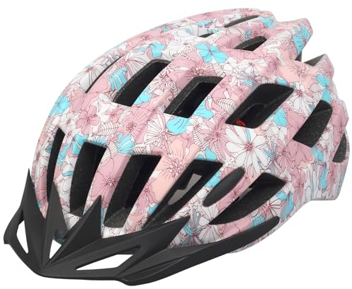 Cykelhjälmar för vuxna, justerbar herr dam cykelhjälm, lätt väg mountainbike säkerhet sporthjälmar med avtagbart visir rosa blomma L