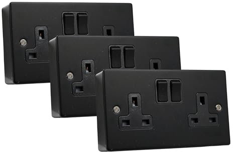 SHPELEC® Matt Black Metal Switch and Socket Range with Surface Mount Back Box – Sleek, Durable, and Easy to Install (2 Gang Socket + Back Box (3 Pack), Screwed Version)