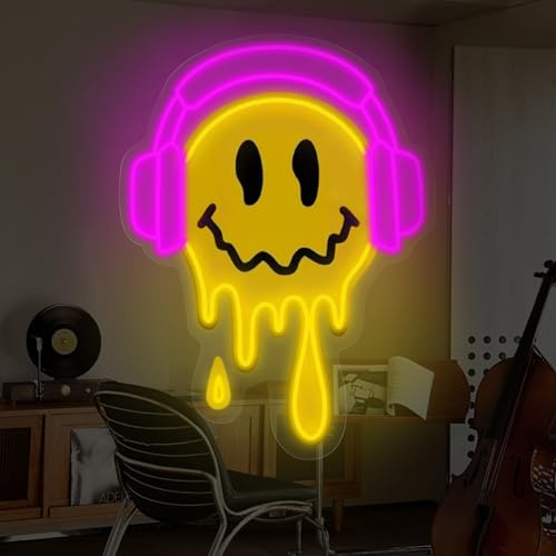 Insegna al neon con faccina sorridente che si scioglie con cuffie per decorazione da parete, per camera dei bambini, bar, feste, camera da letto, regali personalizzati, decorazione per la camera dei