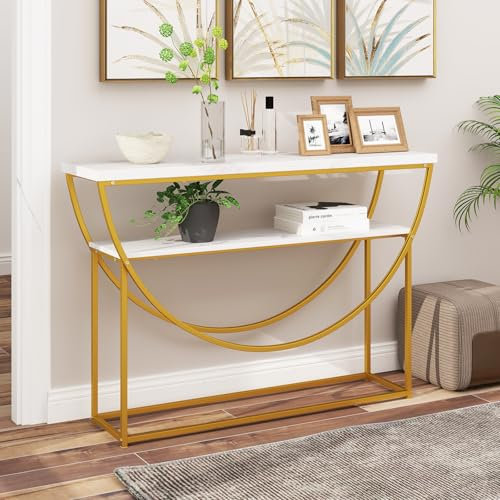 DREAMADE Table Console à 2 Niveaux,Table d'Entrée Moderne avec Plateau en Marbre Artificiel,Cadre en Métal,pour Salon,Couloir,Entrée,120x29,5x80,5CM (Blanc+Or)