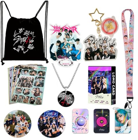 PYTRARTY Stry Cadeau Set,Stry Photocards,SKZ Porte-cléS, Sac de Sport, Collier Pendentif, LanièRe, Autocollant, Ornement de Support Table en Acrylique, Badge, un Cadeau pour les Fans