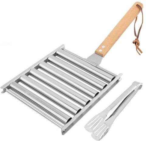 Wzxksoac Hot Dog Roller für Grill mit Metallspatel und Langem Holzgriff Edelstahl Wurstrollständer Hot Dog Girller