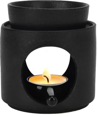 Black Wax Burner, Tealight Warmer Ceramic, Scented Oil Diffuser, Black Tea Light Holder with Spoon