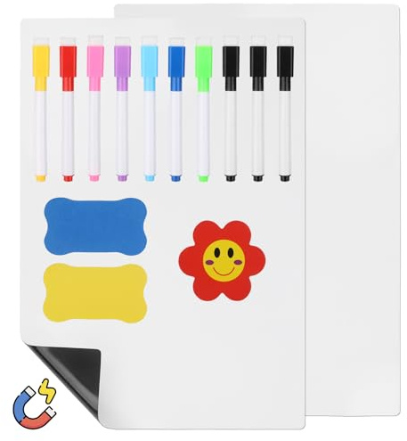 Realjoy 2 Pcs A4 Magnetic Whiteboard for Fridge, 30 x 21cm Reusable Dry Erase Board with 10 Markers, 2 Eraser, 2 Fridge Magnets for Home,Classroom,Office, Memos, Lists, Plans