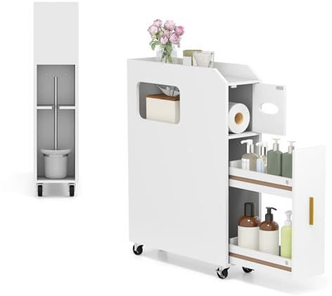 GIANTEX Nischenregal 16 cm breit, schmaler Badezimmerschrank auf Rollen, Beistellschrank mit Schublade, Nischenschrank für Badezimmer & Wäscheraum, platzsparender Rollwagen 50 x 16 x 69 cm (Weiß)
