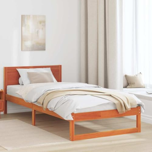 vidaXL Bettgestell mit Kopfteil Braun 75 x 190 cm Massivholz Kiefer, Moderner Holzbettrahmen, Stabiler Schlafplatz, minimalistisches Schlafzimmer, rechteckiges Design, praktische Kopfstütze