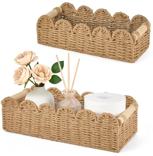 Dahey Toilet Paper Storage Basket 2 Pack Bathroom Scalloped Tank Basket | Dual Sizes, Fits Tissue & Bath Essentials, Space-Saving, Wooden Handles, Metal Frame, Woven Paper Rope, Boho Countertop Decor